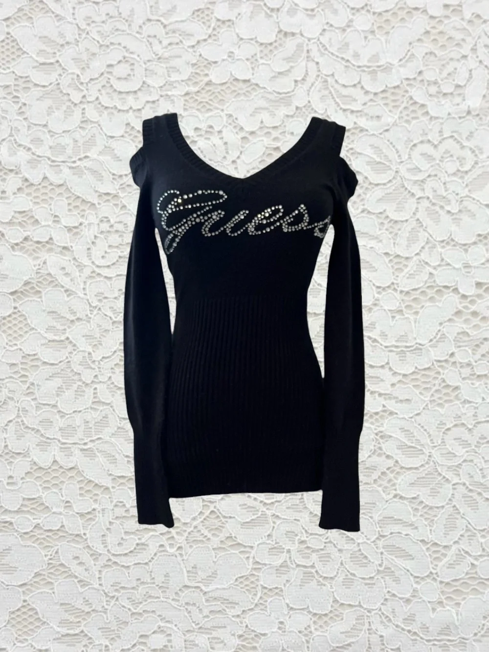 vintage guess black rhinestone long sleeve fitted sweater babydoll top